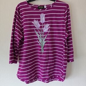 Bob Mackie Artsy Women’s Large Pink Stripe Floral Embroider 3/4 Sleeve Shirt Top